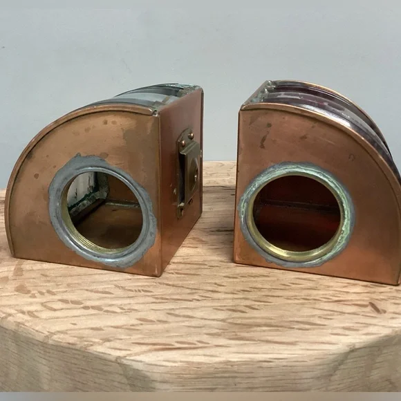 🟠 Vintage - Antique ? Copper Brass & Glass Crafted Nautical Boat Lanterns Rare